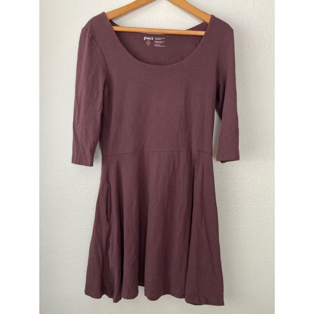 Pact Organic Fit & Flare Signature Scoop Dress Plum Wine Color Large